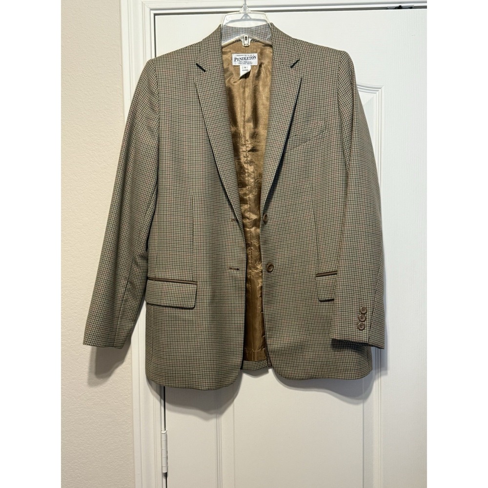 VTG Pendleton Womens Brown Houndstooth Blazer Leather Trim Virgin Wool Sz. 8
